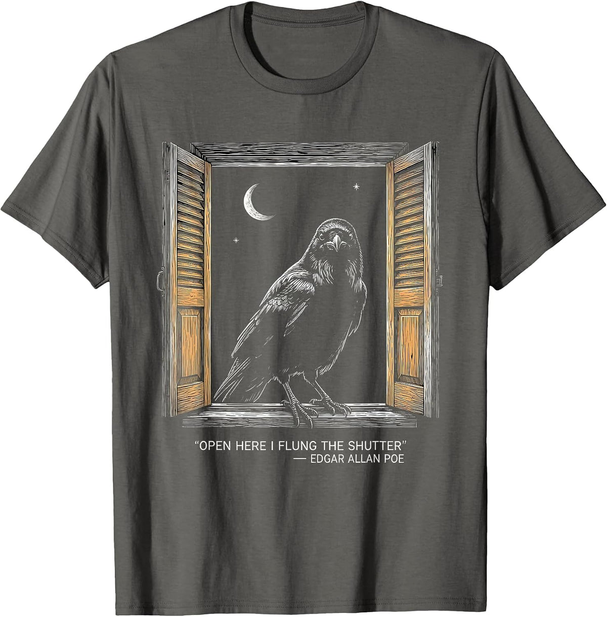 Men's Open Here I Flung The Shutter Edgar Allan Poe Gothic T-Shirt - Asphalt Grey