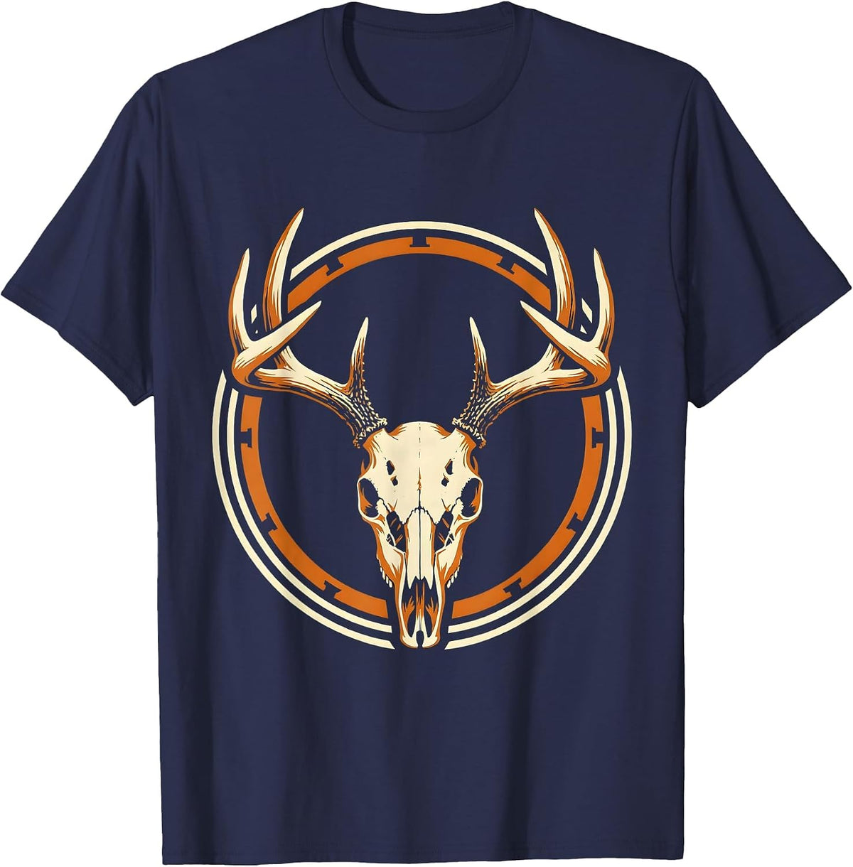 Whitetail Deer Skull With Antlers Hunting Design T-Shirt - Navy Blue