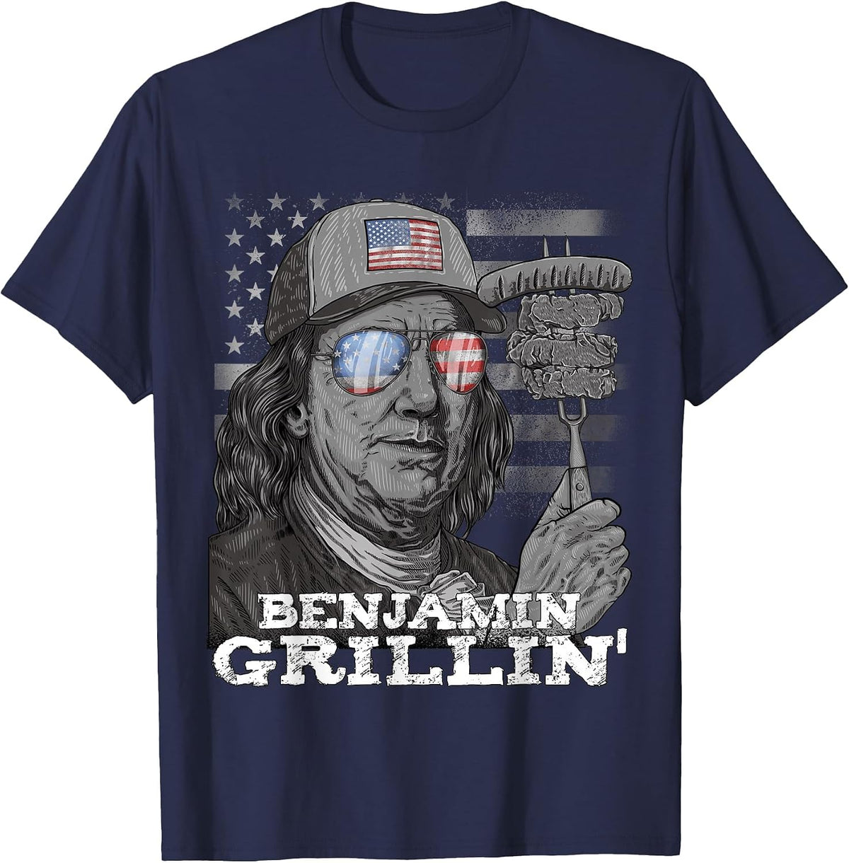 Benjamin Grilling Ben Franklin 4th of July USA BBQ Men T-Shirt - Navy Blue