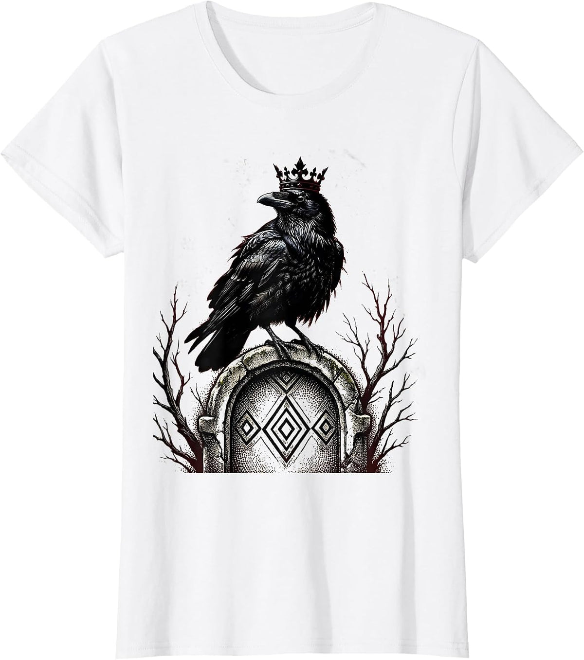 Crow King Gravestone Gothic Halloween Design T-Shirt - White