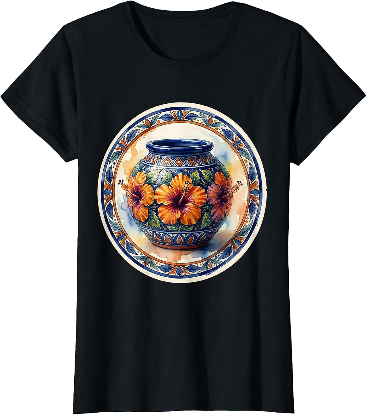 Ornate Talavera Pottery Mexican Floral Art Design T-Shirt - Black