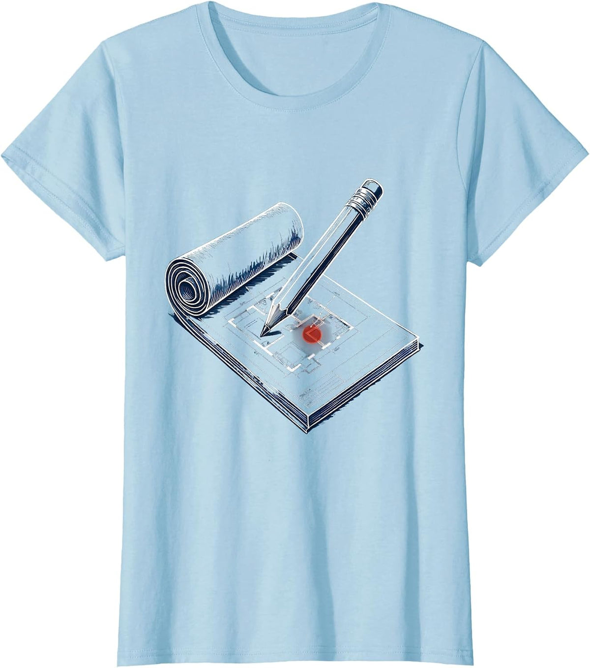 Blueprint Roll and Pencil Graphic Design T-Shirt - Baby Blue