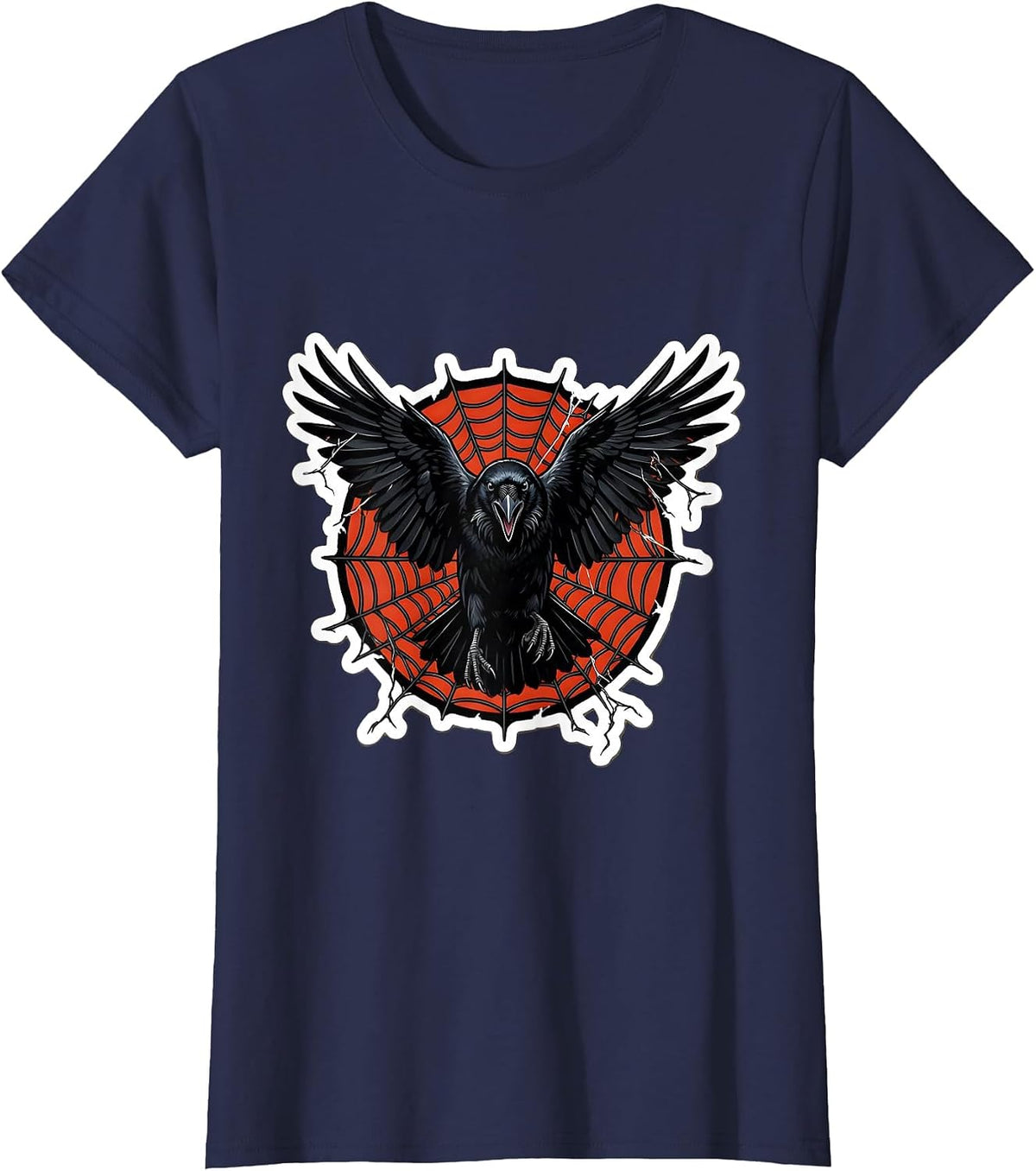 Women's Crow Bursting Through Spider Web Graphic T-Shirt - Navy Blue
