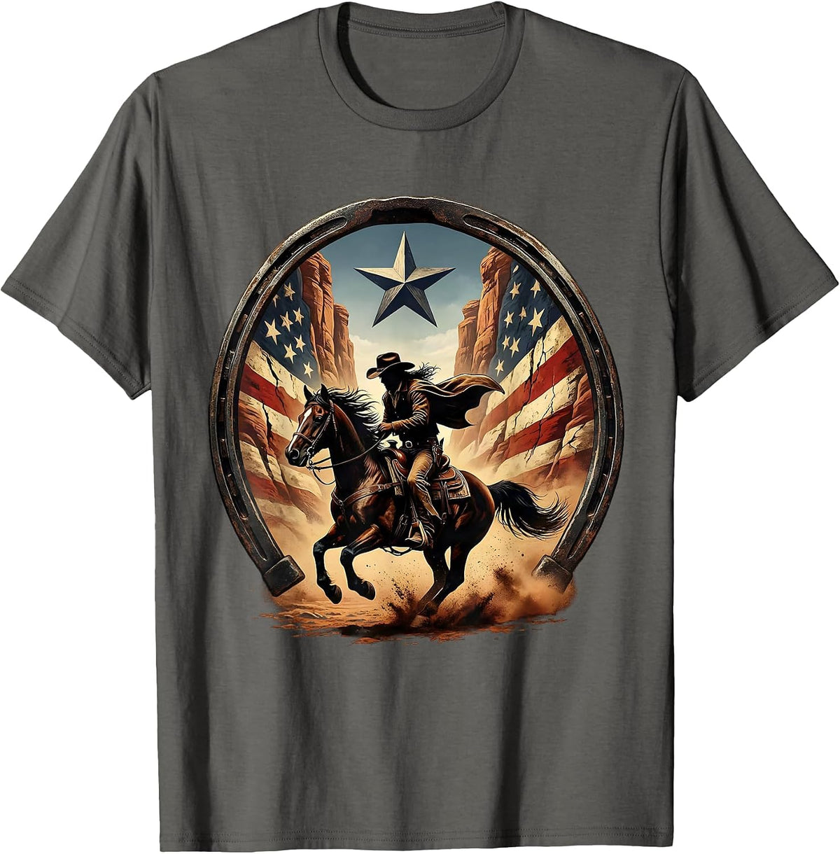 Cowboy Riding Horse Through Canyon Illustration T-Shirt - Asphalt Grey