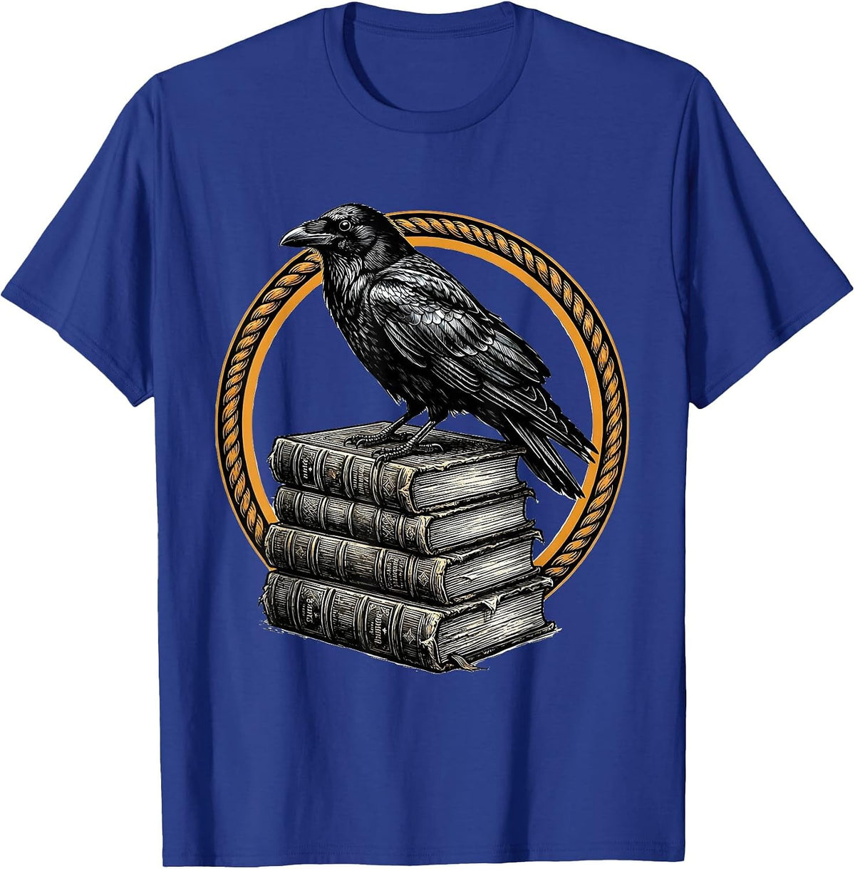 Crow Perched on Stack of Old Books T-Shirt - Royal Blue