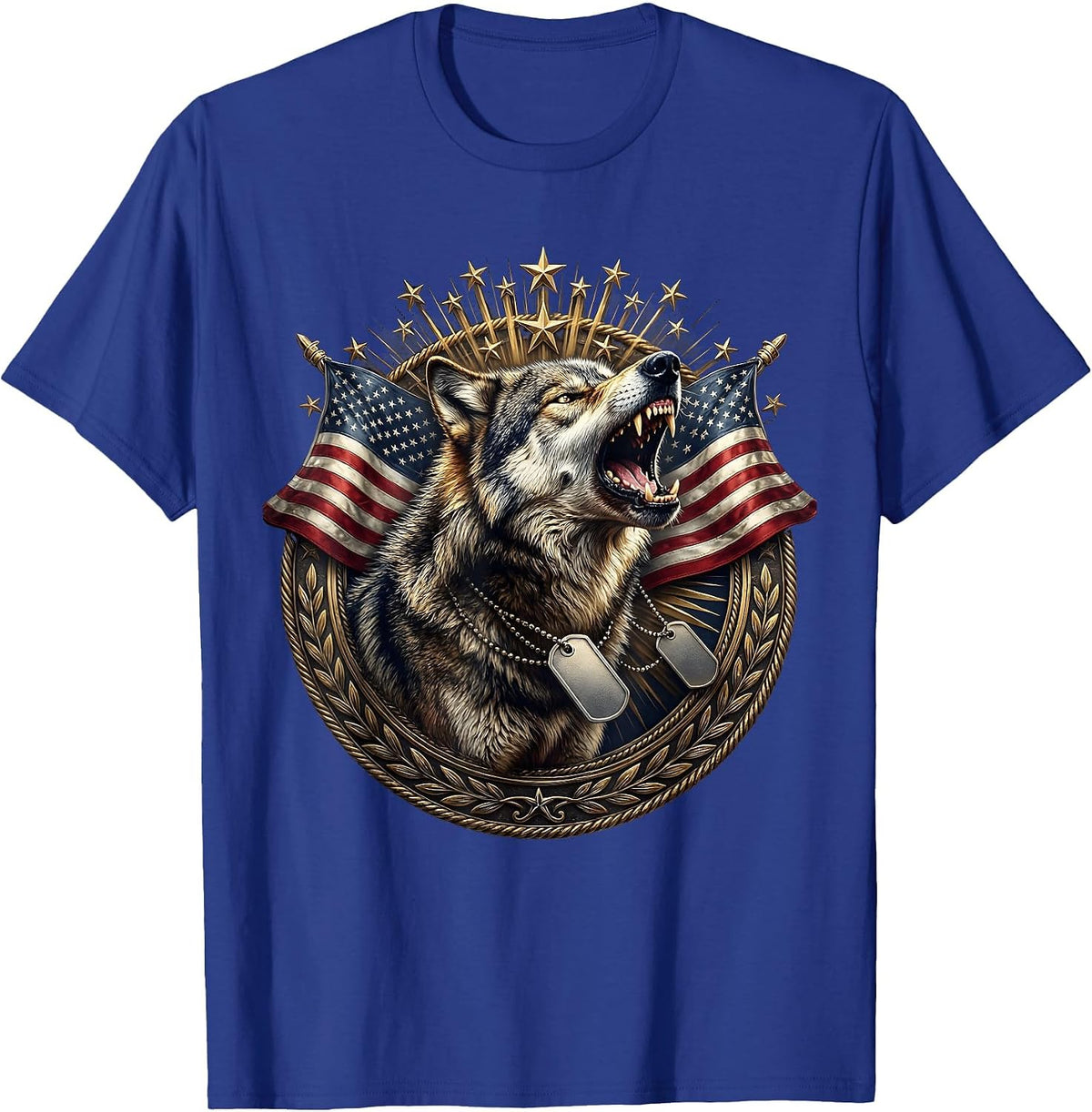 Wolf Howling Military Dog Tags Patriotic T-Shirt - Royal Blue