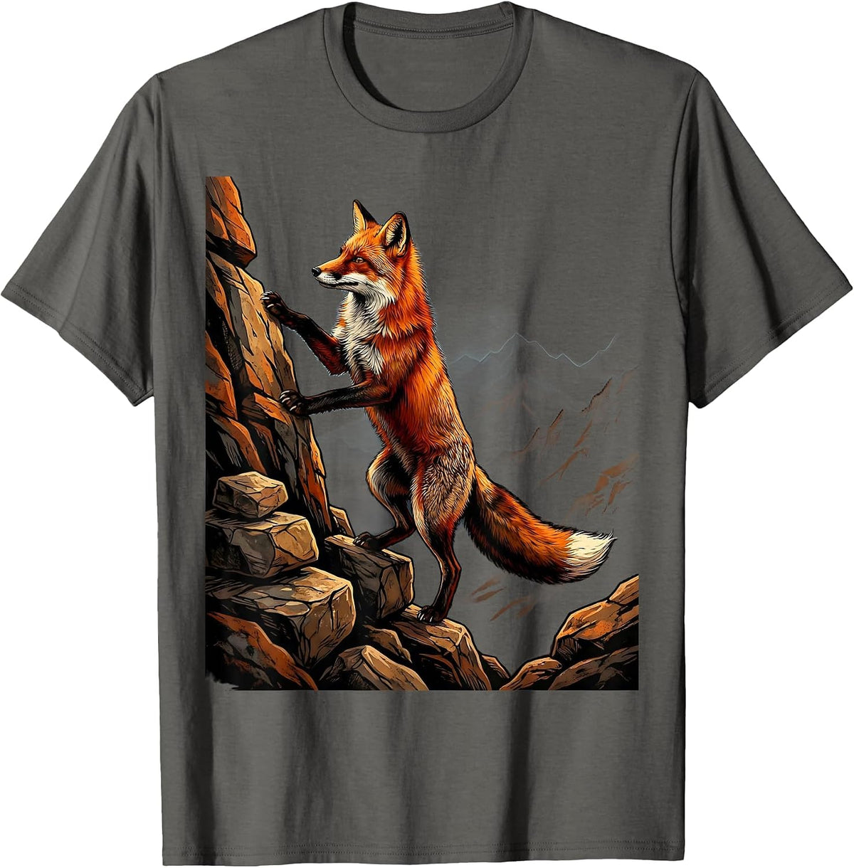 Fox Climbing Rocky Mountain Peak Illustration T-Shirt - Asphalt Grey