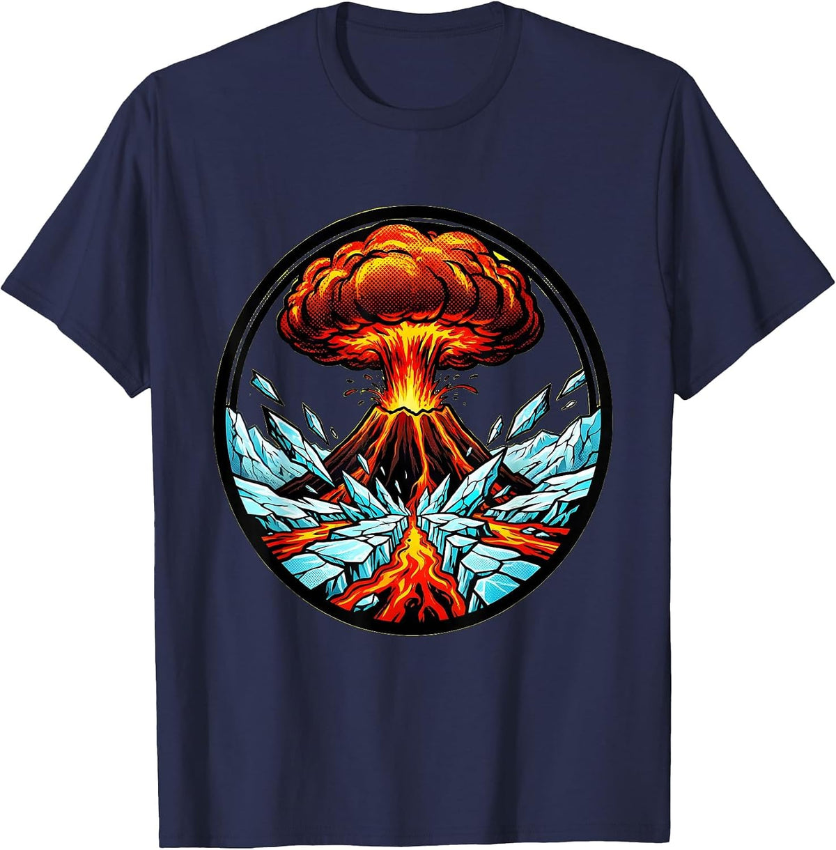 Volcano Erupting Through Cracked Glacier Graphic T-Shirt - Navy Blue