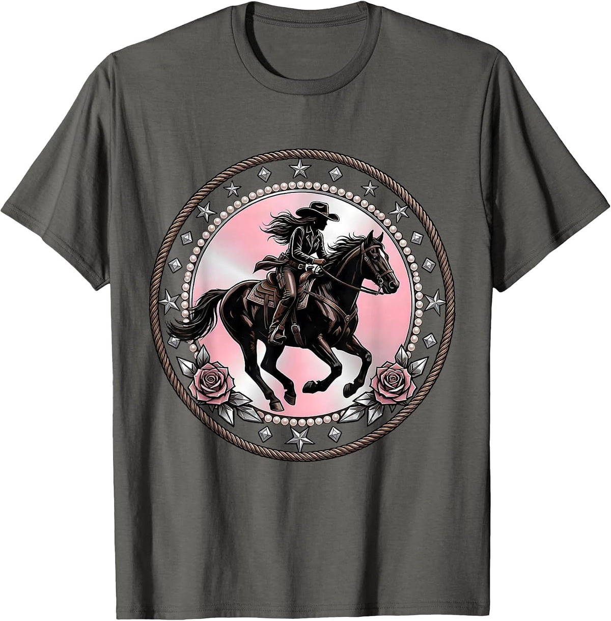 Men's Cowgirl Riding Horse Sunset Silhouette T-Shirt - Asphalt Grey