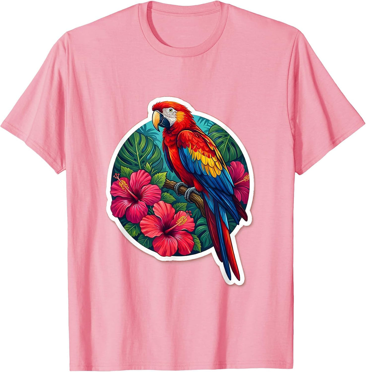 Colorful Parrot Hibiscus Mexican Floral Art T-Shirt - Pink