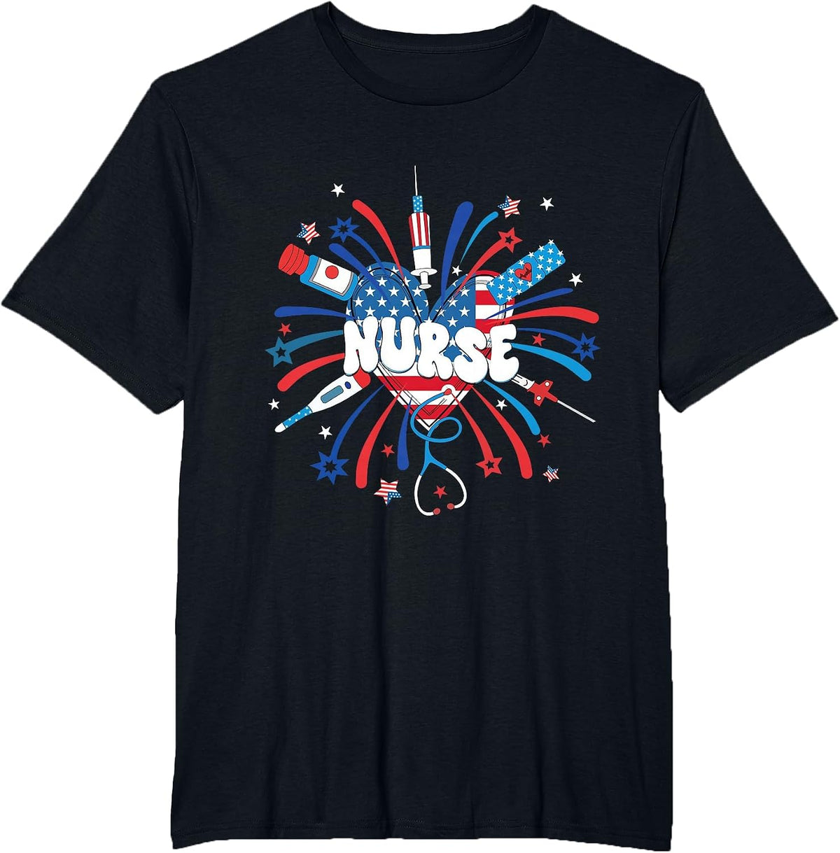 Firework 4th of July Nurse Independence Day Girly Nurse ICU T-Shirt - Black