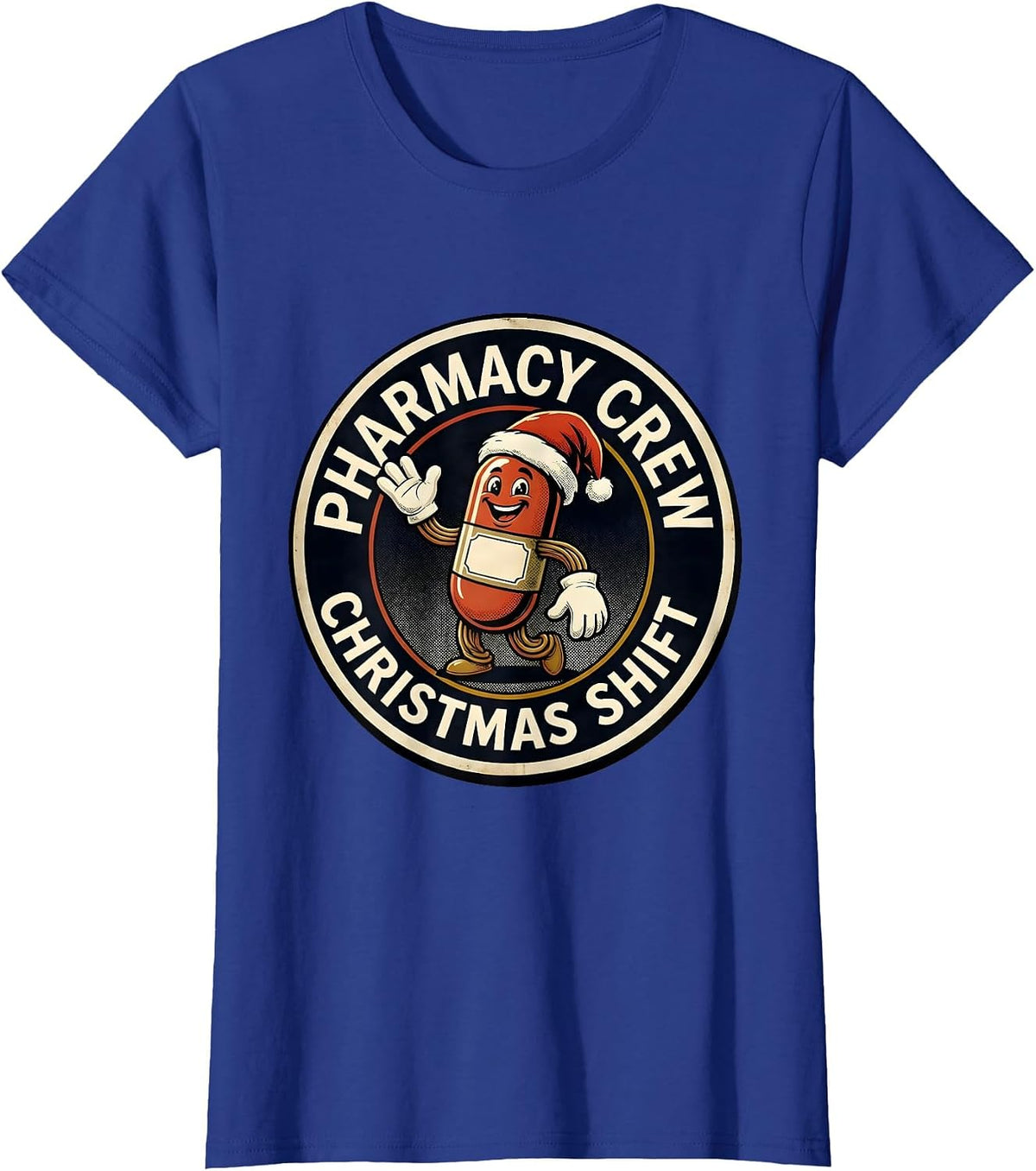 Women's Pharmacy Crew Christmas Shift Retro Cartoon Pharmacist Tech T-Shirt - Royal Blue