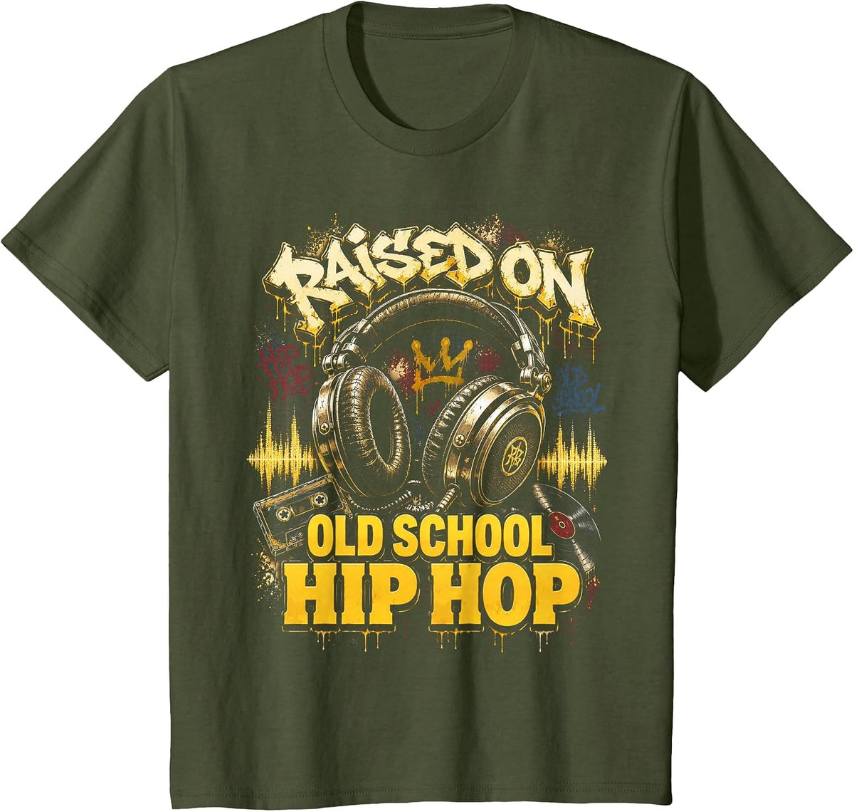 Raised On Old School Hip Hop Cassette Graffiti Rap T-Shirt, Youth, Olive Green, Small - As Pictured