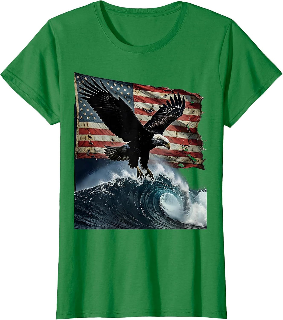Women's Bald Eagle Diving Ocean Wave USA Freedom T-Shirt - Kelly Green