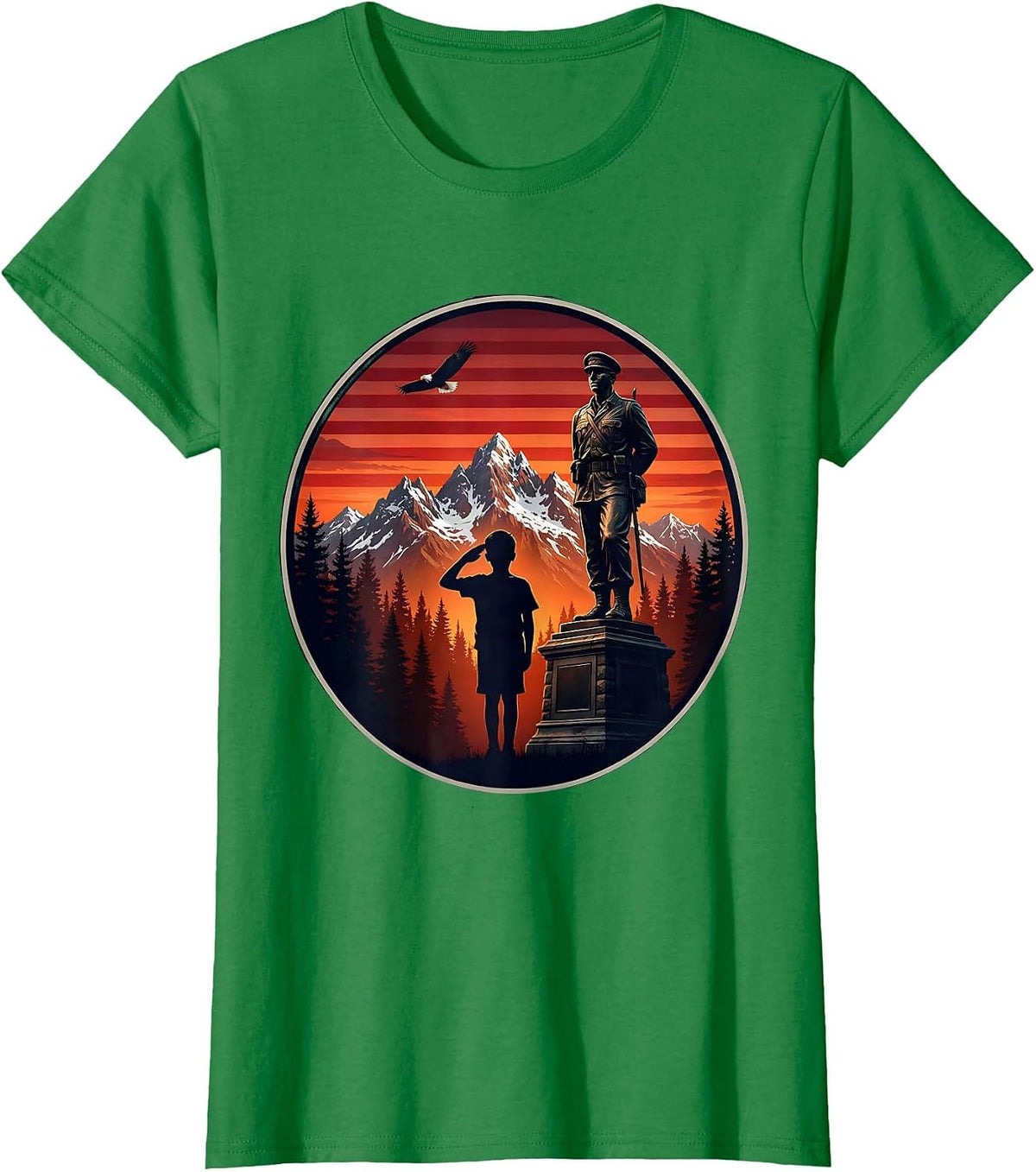 Young Patriot Saluting War Memorial Illustration T-Shirt - Kelly Green