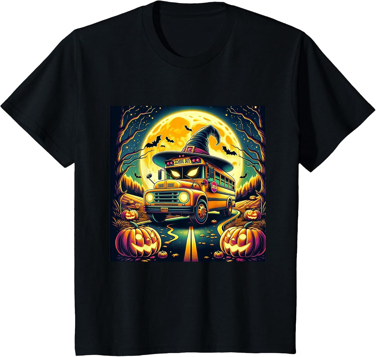 Vintage Halloween School Bus Witch Hat and Pumpkins Spooky T-Shirt - Black