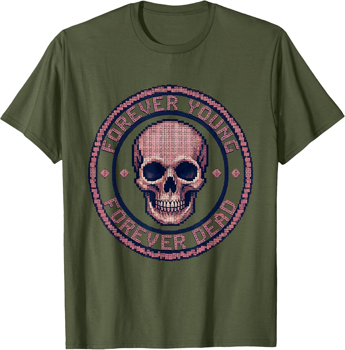 Men's Forever Young Forever Dead Skull Graphic Design T-Shirt - Olive Green