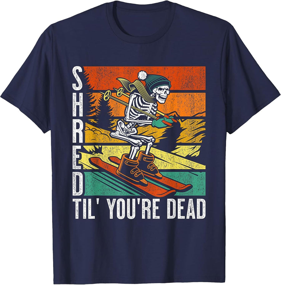 Distressed Vintage Ski Shred Til' You're Dead T-Shirt - Navy Blue