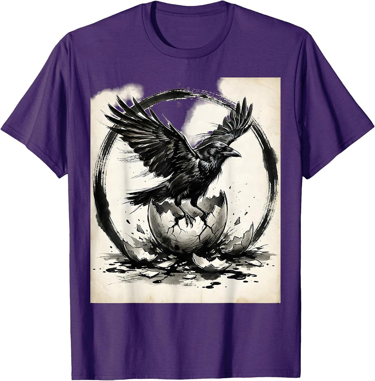 Crow Emerging From Broken Eggshell Illustration T-Shirt - Purple