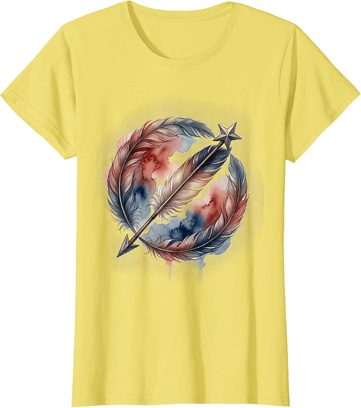 Red White and Blue Feathered Star Arrow Design T-Shirt - Lemon Yellow