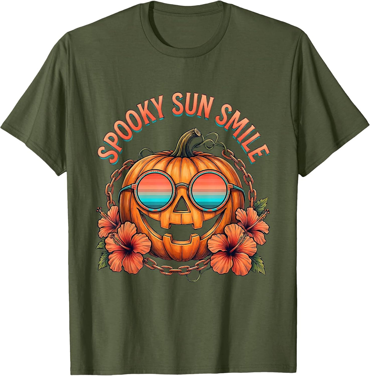 Spooky Sun Smile Funny Tropical Halloween Party Costume T-Shirt - Olive Green