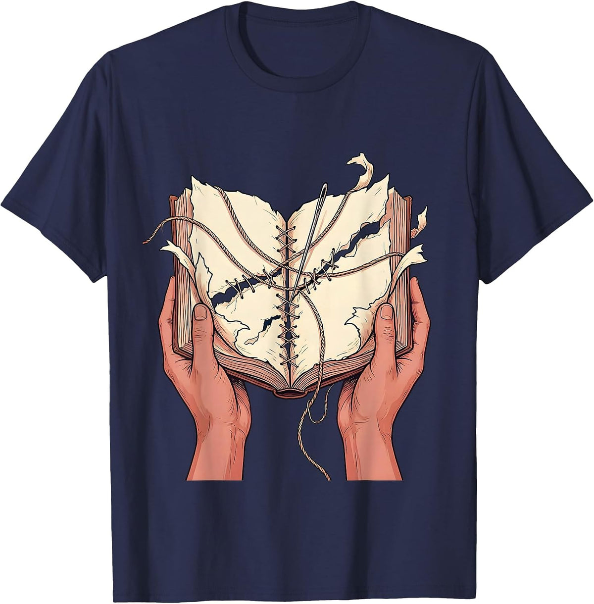 Mending Pages Hand Stitching Torn Book Art T-Shirt - Navy Blue