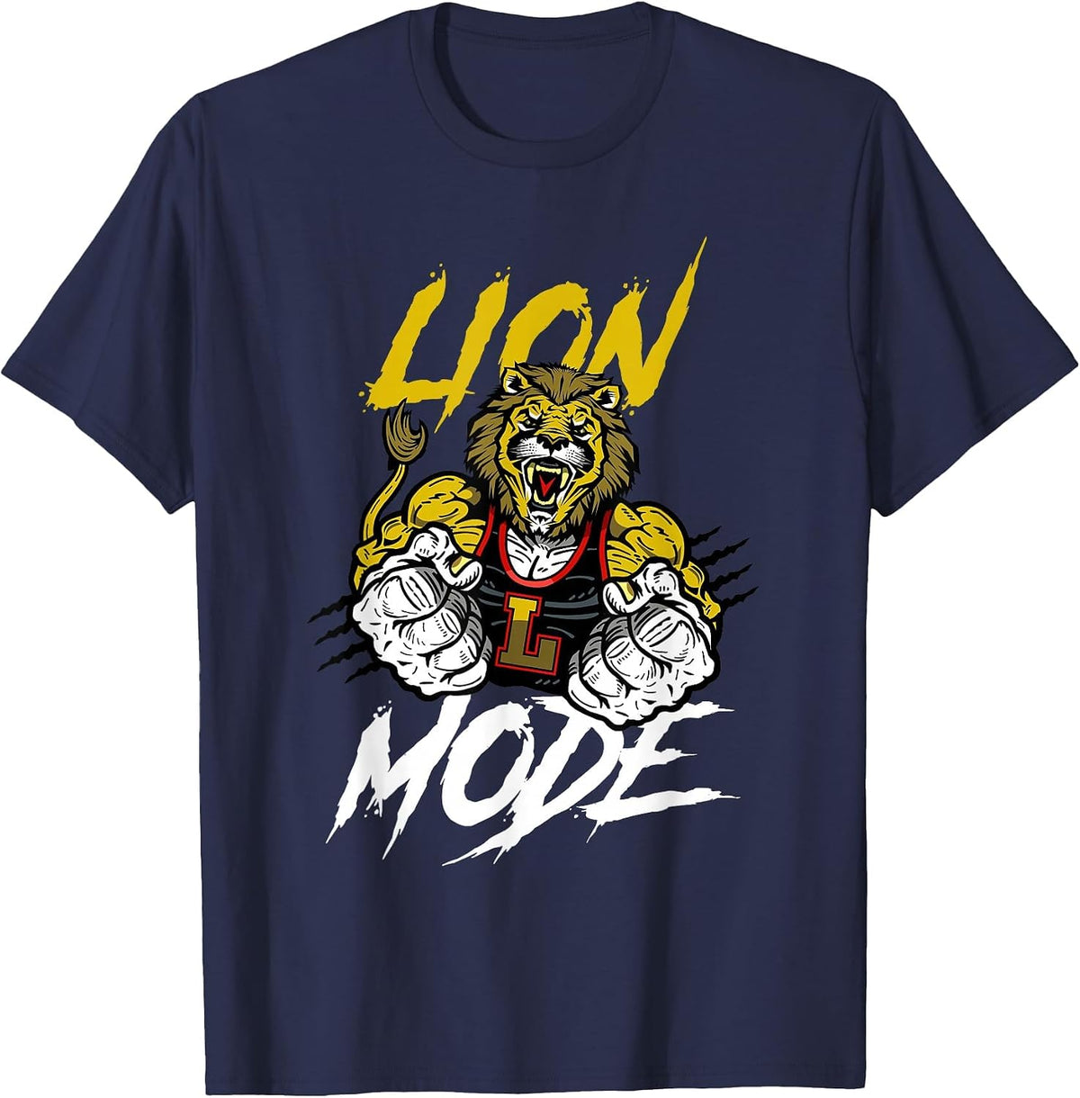 Lion Mode Big Biceps Strong Lion Weightlifting Gym Workout T-Shirt - Navy Blue