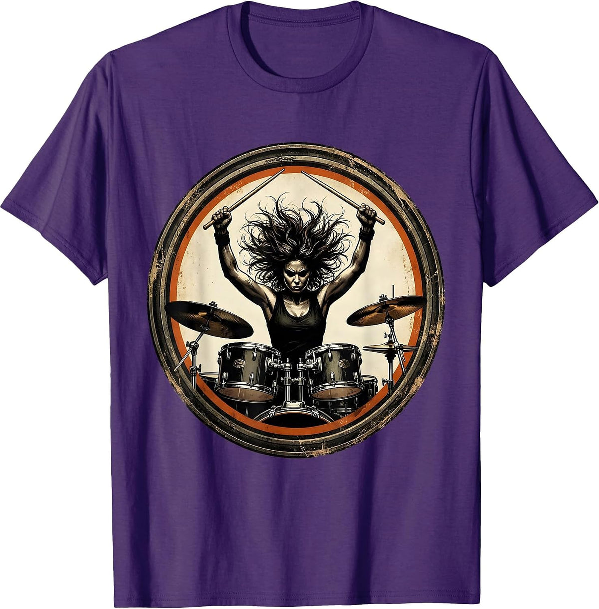Fierce Drummer Mid-Strike Overhead Illustration T-Shirt - Purple