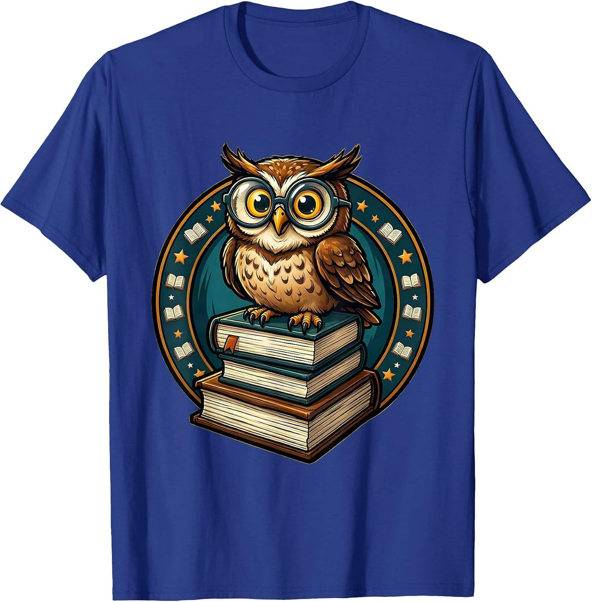 Men's Reading Teacher Owl Perched on Stack of Books T-Shirt - Royal Blue