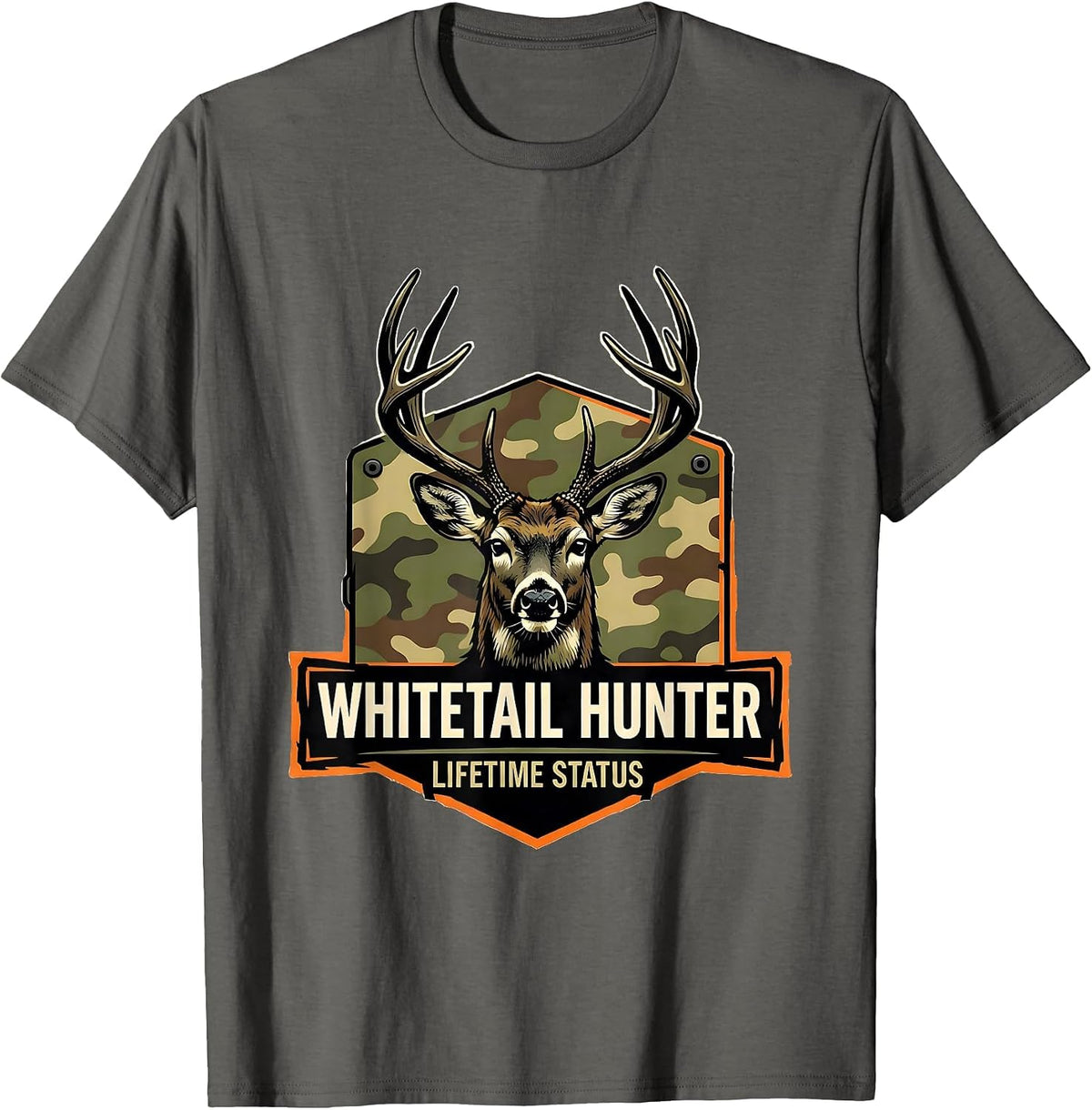 Whitetail Hunter, Lifetime Status Stencil Graphic Camo Dad T-Shirt - Asphalt Grey