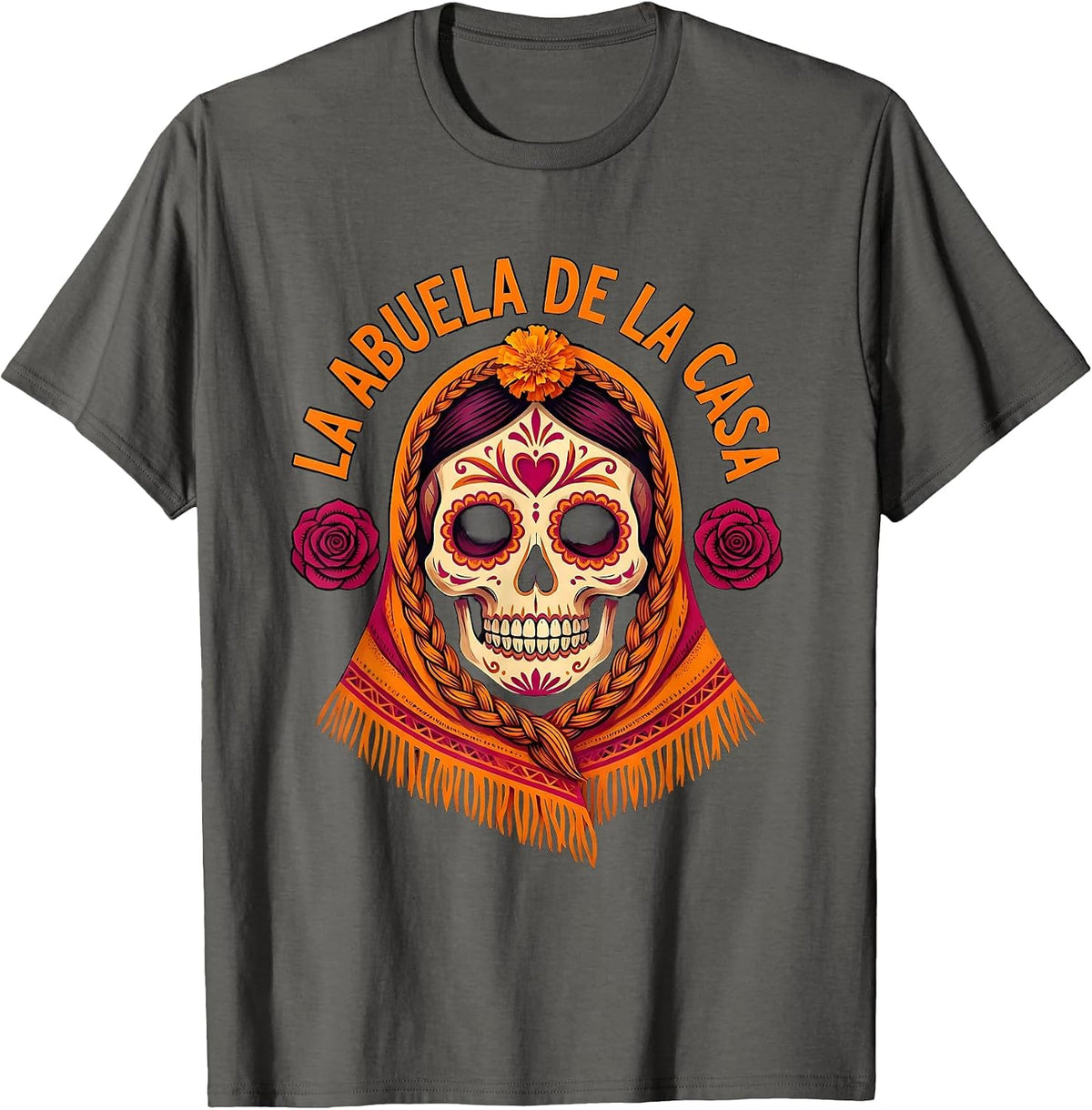 Men's La Abuela de la Casa Day of the Dead Sugar Skull Folk Art T-Shirt - Asphalt Grey