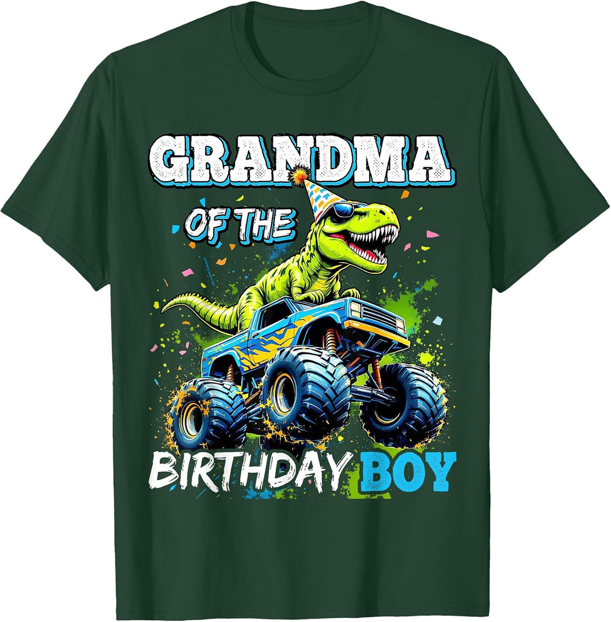 Grandma of the Birthday Boy Monster Truck Dinosaur Party T-Shirt - Dark Green
