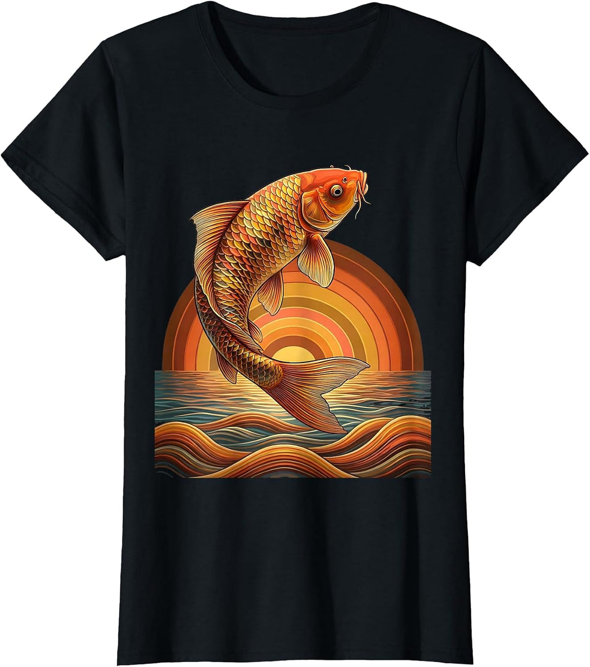 Women's Rainbow Koi Fish Leaping From Water Illustration T-Shirt - Black