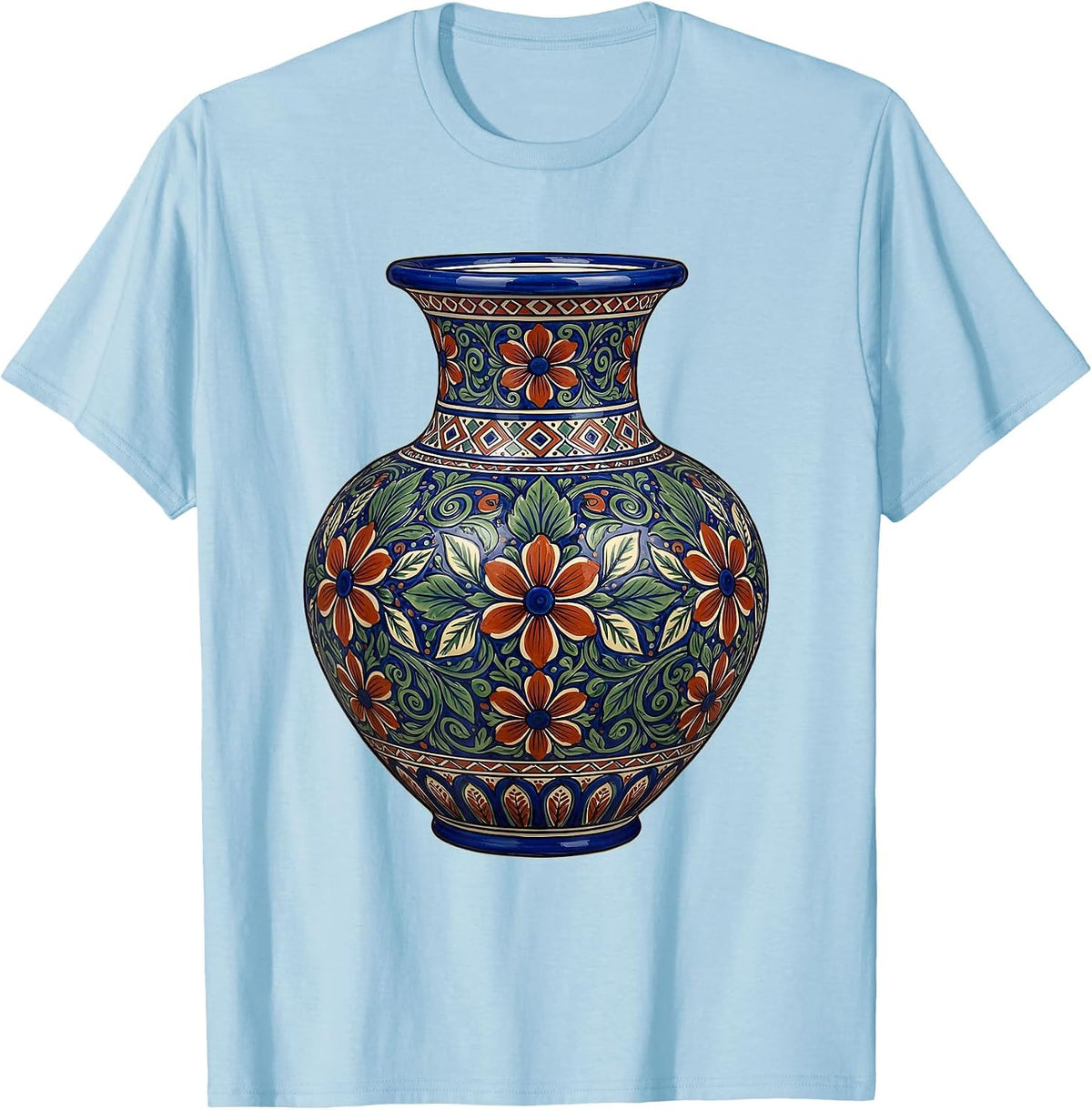 Men's Mexican Talavera Pottery Vase Floral Illustration T-Shirt - Baby Blue