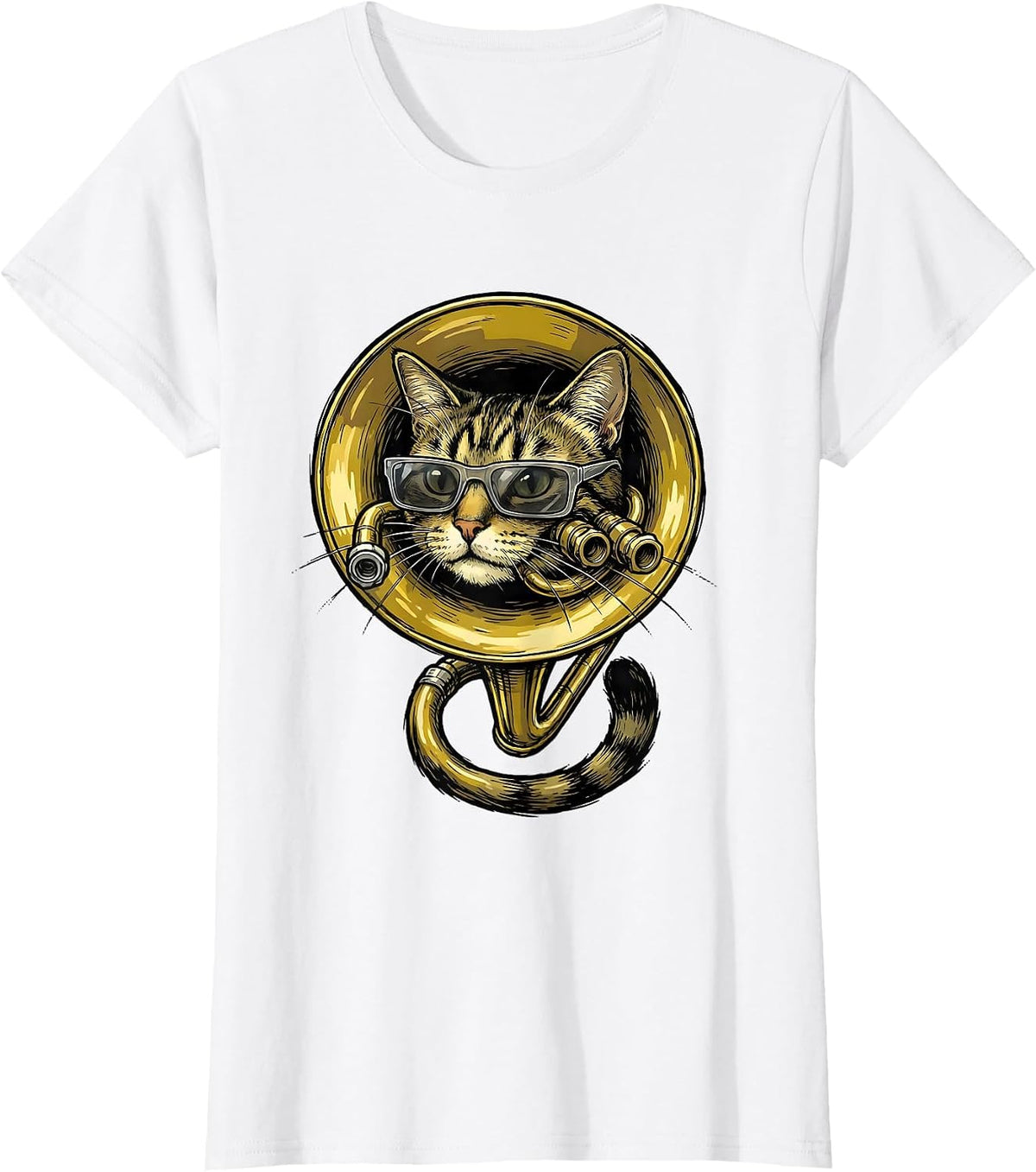 Women's Trumpet Cat With Sunglasses Funny Musician Humor T-Shirt - White