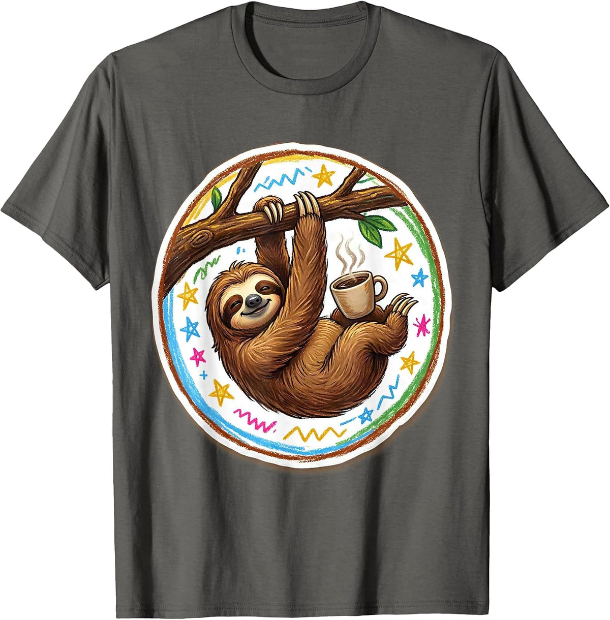 Funny Sloth Hanging With Coffee Graphic Tee T-Shirt - Asphalt Grey