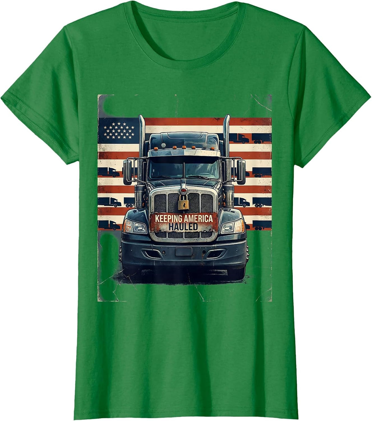 Women's Keeping America Hauled Distressed Trucker Patriotic USA Flag T-Shirt - Kelly Green