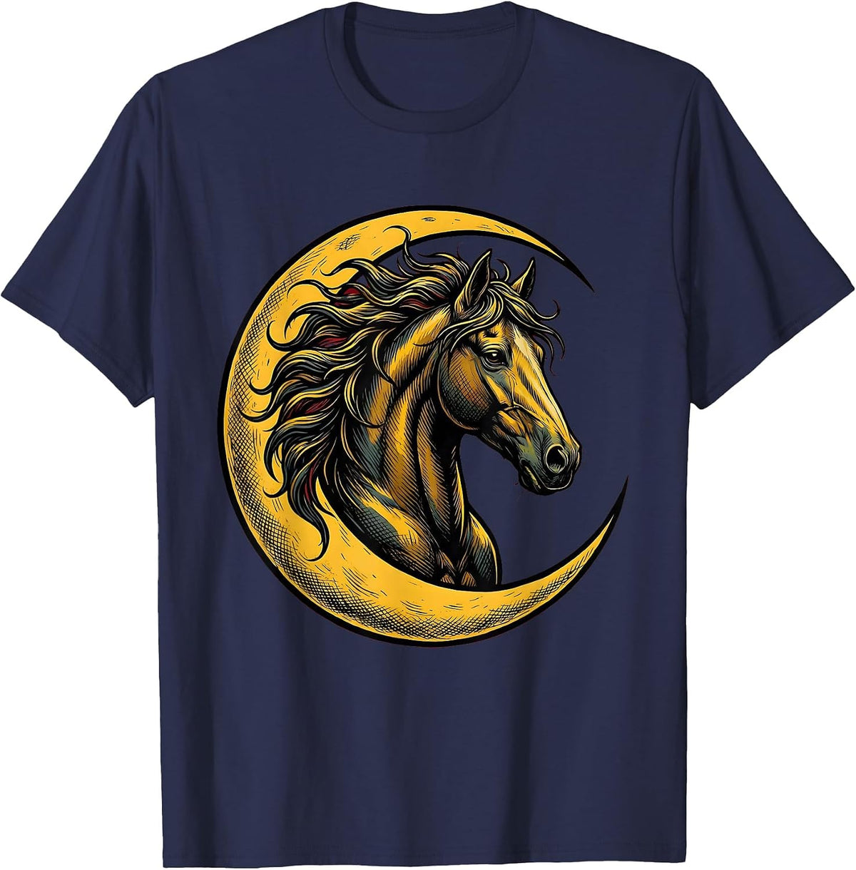 Horse Head Crescent Moon Celestial Night Art T-Shirt - Navy Blue