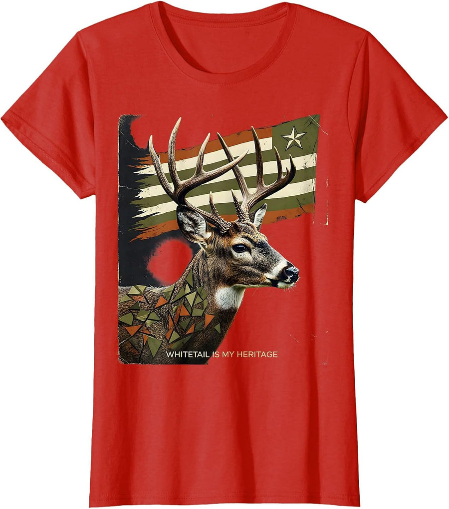 Women's Whitetail Is My Heritage Distressed Camo Deer Hunter Dad T-Shirt - Red