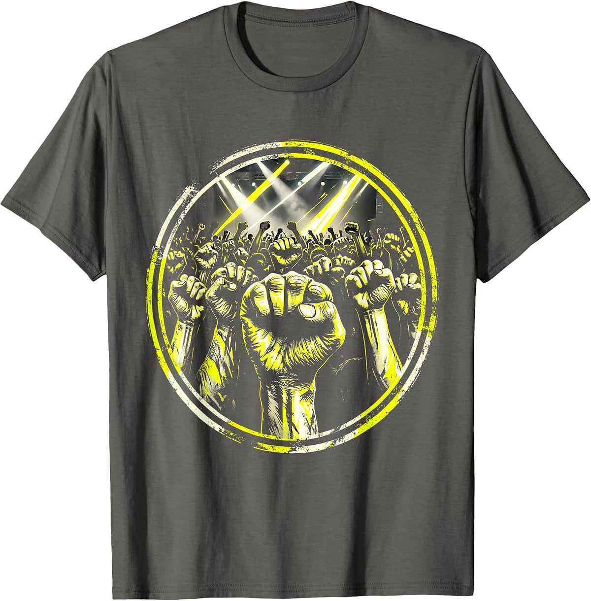 Punk Band Raised Fists Stage Lights Crowd Art T-Shirt - Asphalt Grey