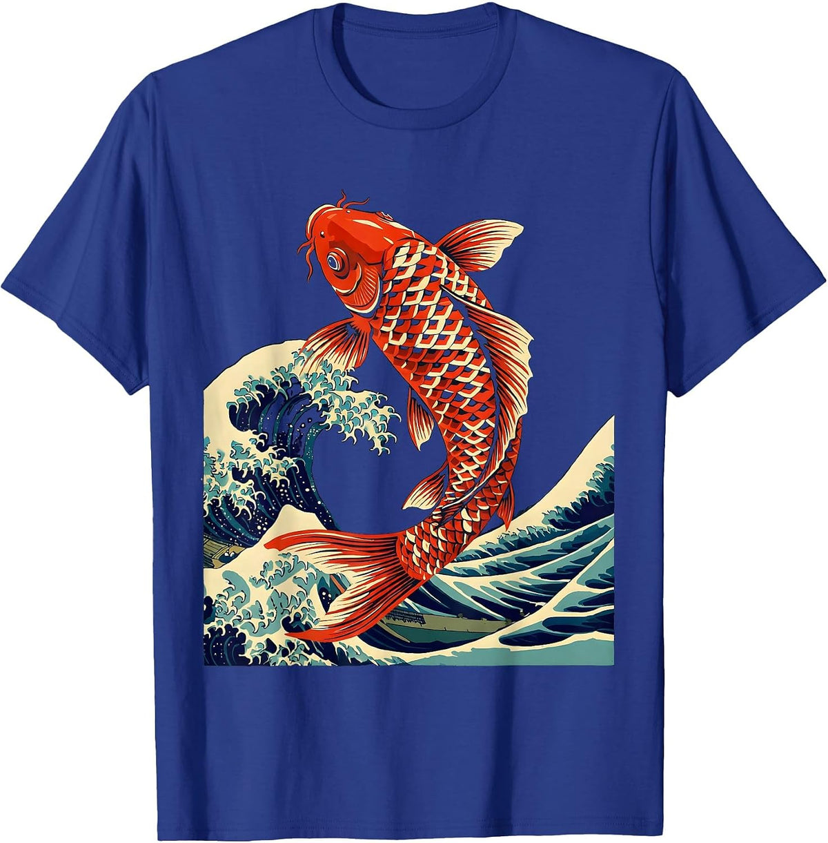 Men's Koi Fish Leaping Through Crashing Wave T-Shirt - Royal Blue