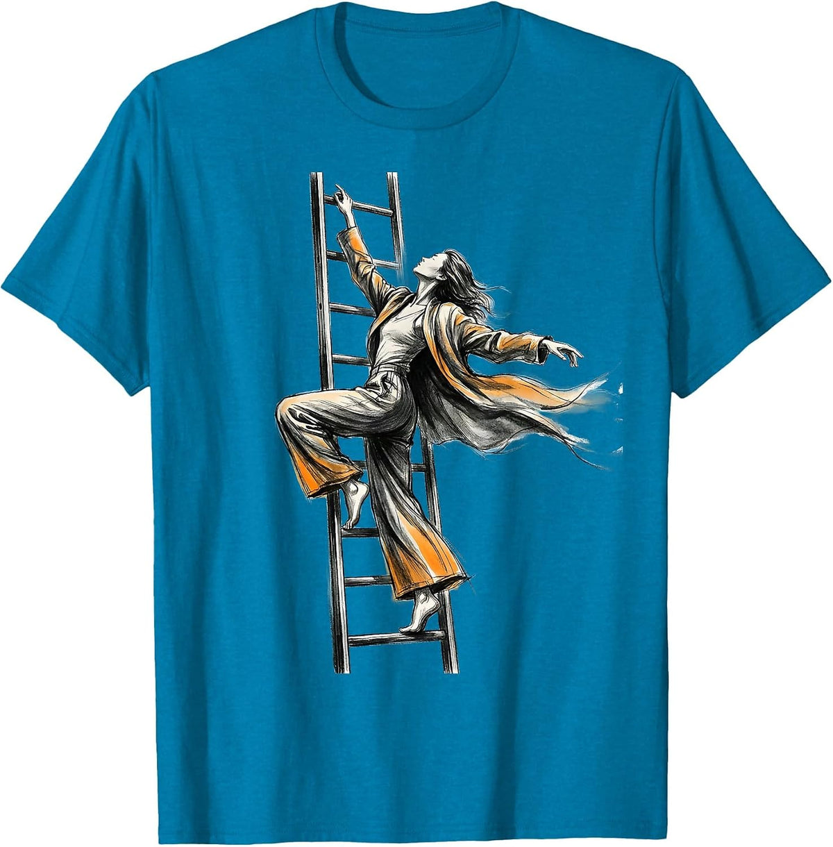 Woman Climbing Ladder Into Open Sky Graphic T-Shirt - Sapphire Blue