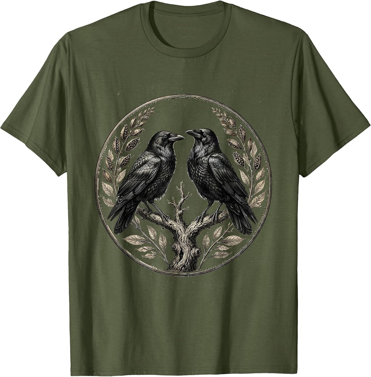 Two Crows on a Branch Face-to-Face Design T-Shirt - Olive Green