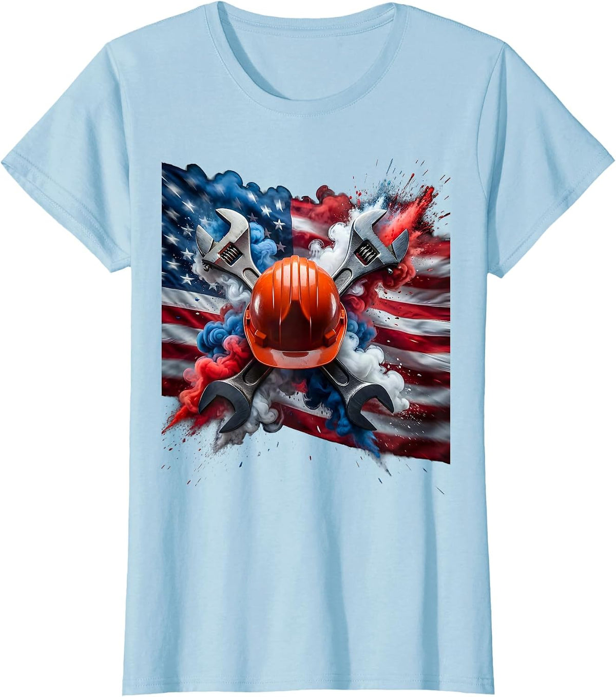Hard Hat Crossed Wrenches American Flag Graphic T-Shirt - Baby Blue
