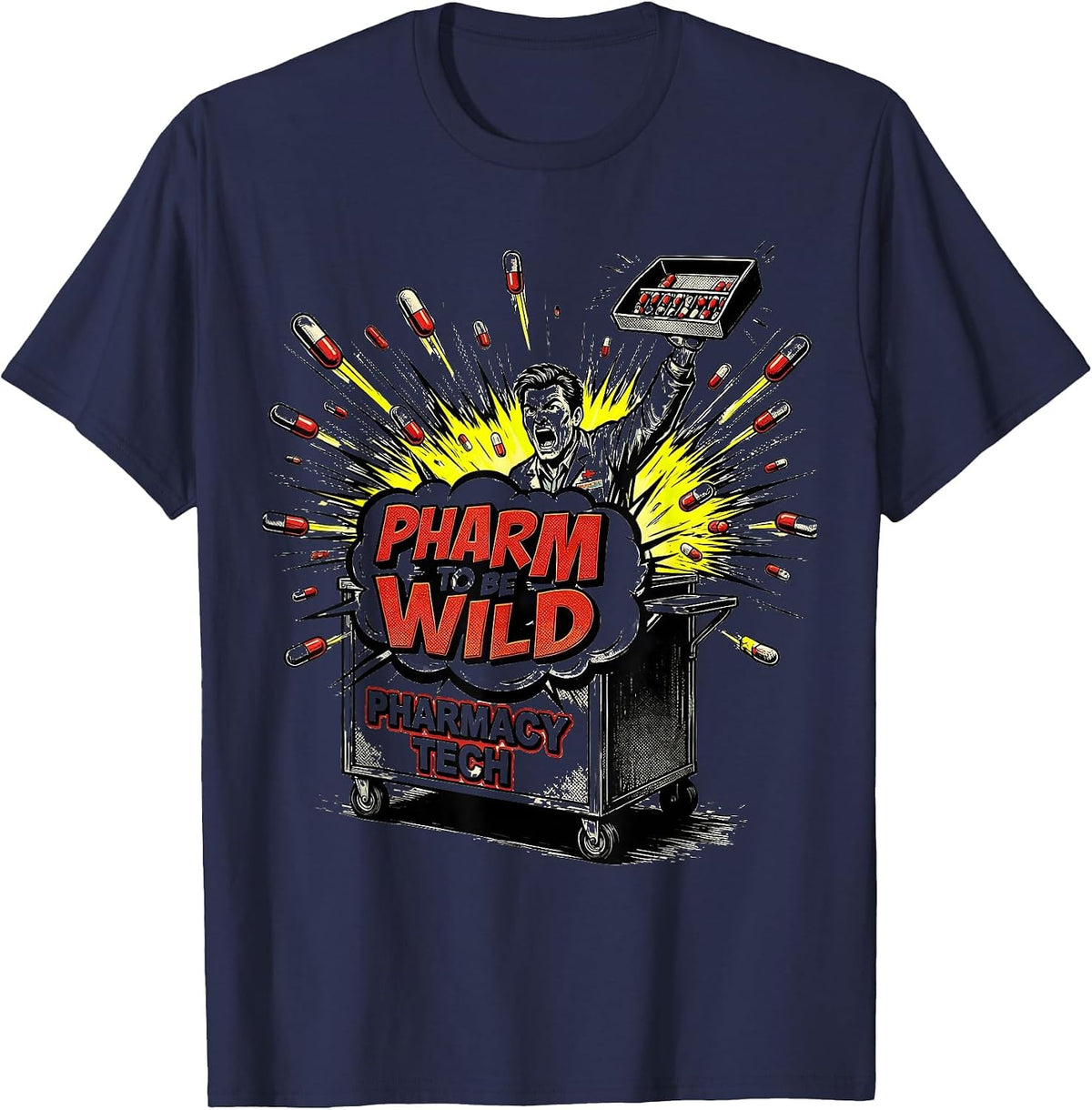 Men's Pharm To Be Wild Pharmacy Tech Comic Book Pun T-Shirt - Navy Blue