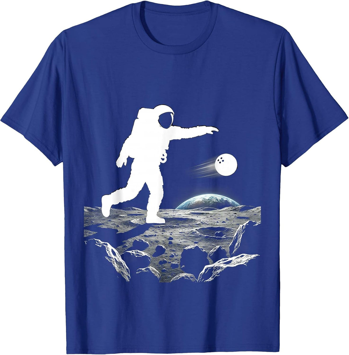 Astronaut Bowling on the Moon Graphic Tee T-Shirt - Royal Blue
