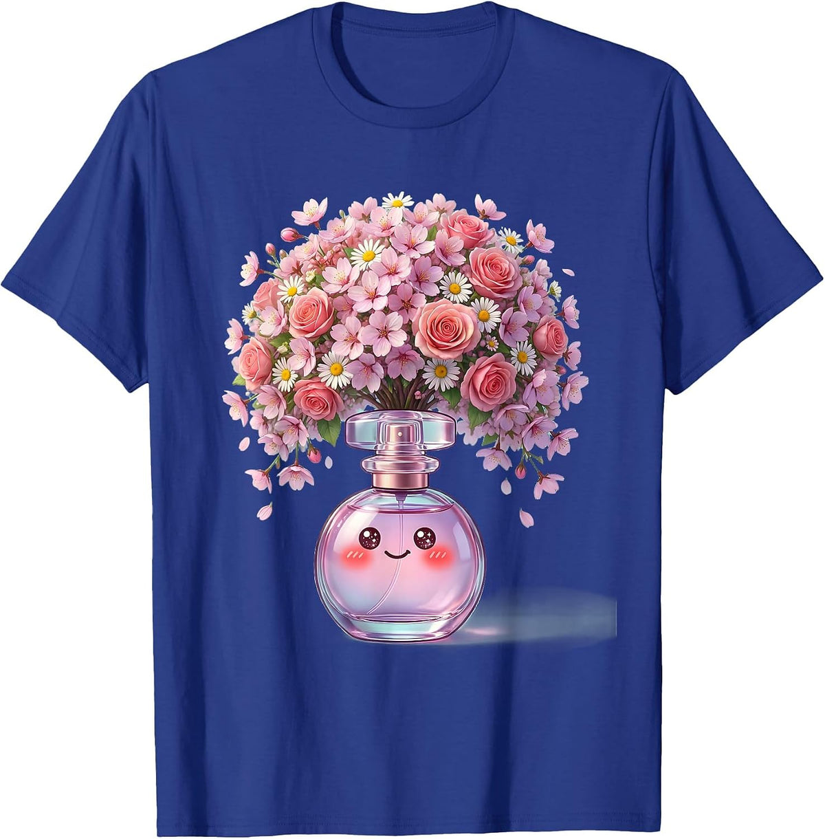 Gigi Floral Perfume Bottle Overflow Design T-Shirt - Royal Blue