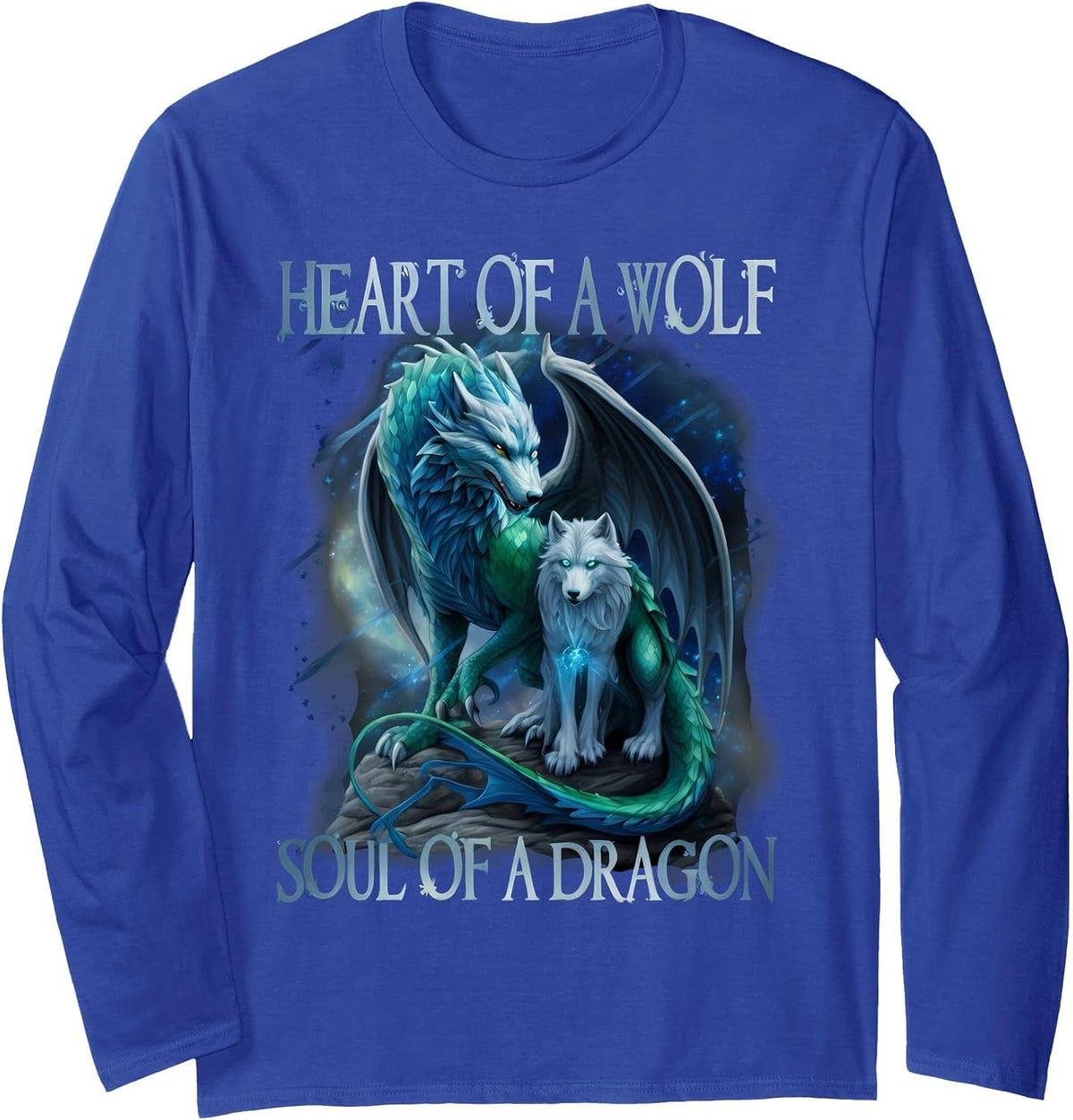 Heart of Wolf Soul of A Dragon - Cool Dragon - Wolf Warrior Long Sleeve T-Shirt - Adult Unisex Royal Blue