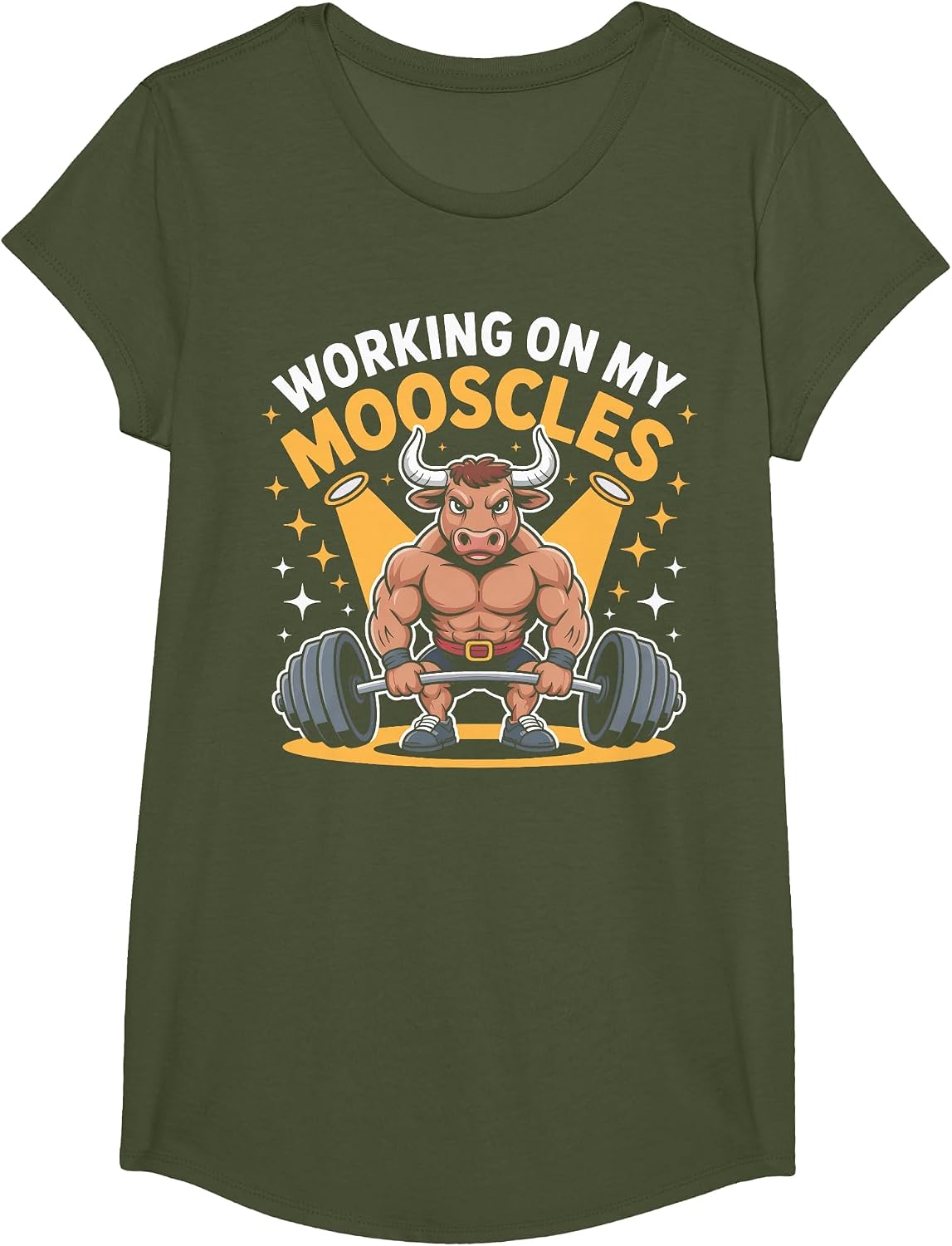 Cow Lifting Weights Working On My Mooscles Gym T-Shirt - Girls Olive Green