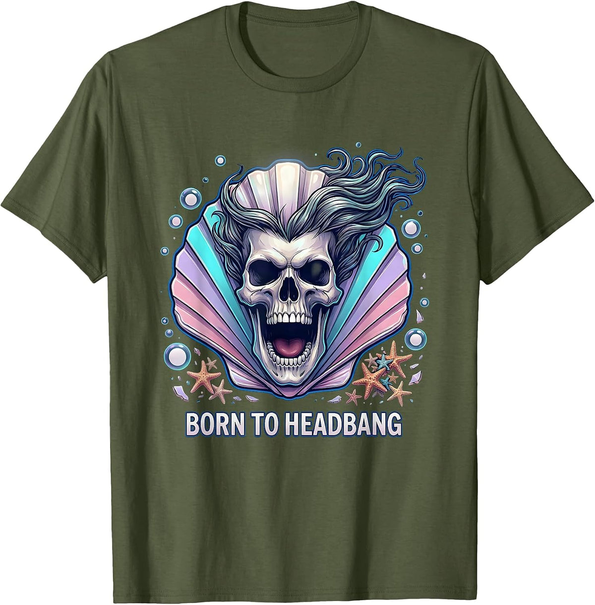 Born to Headbang Heavy Metal Graphic Design T-Shirt - Olive Green